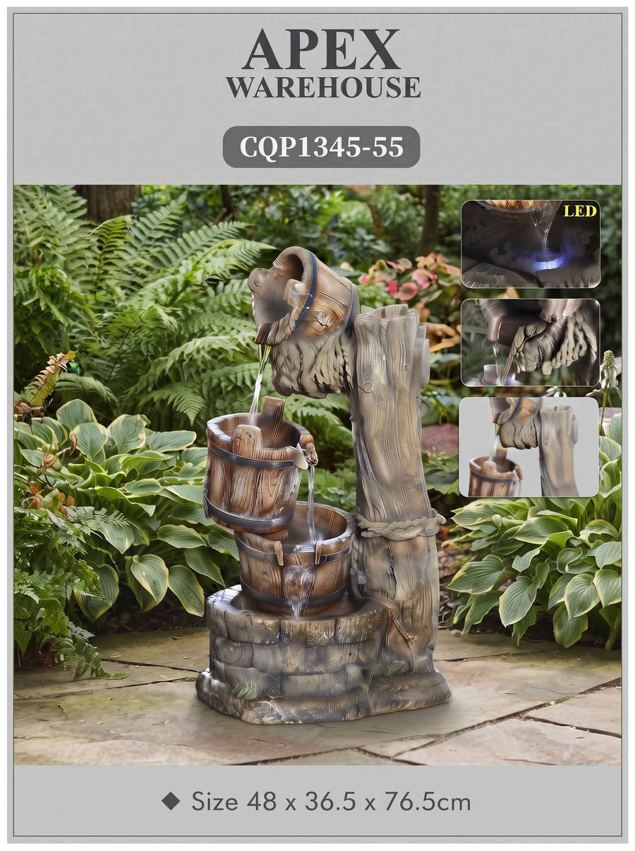 Rustic Wooden Bucket Outdoor Waterfall Fountain with LED Lights