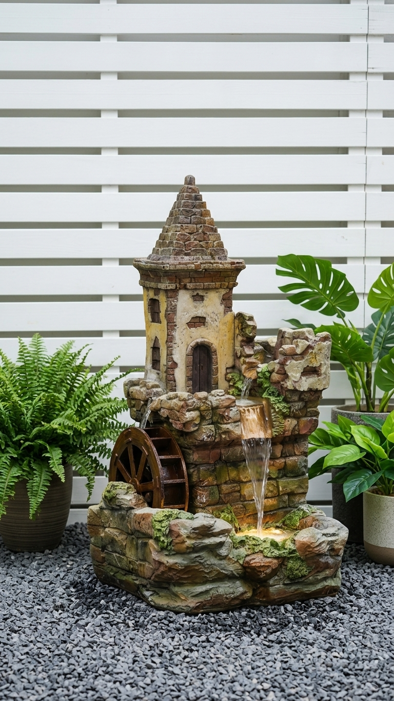 Stone Tower Water Wheel Fountain – Outdoor Waterfall Feature with LED Lightening