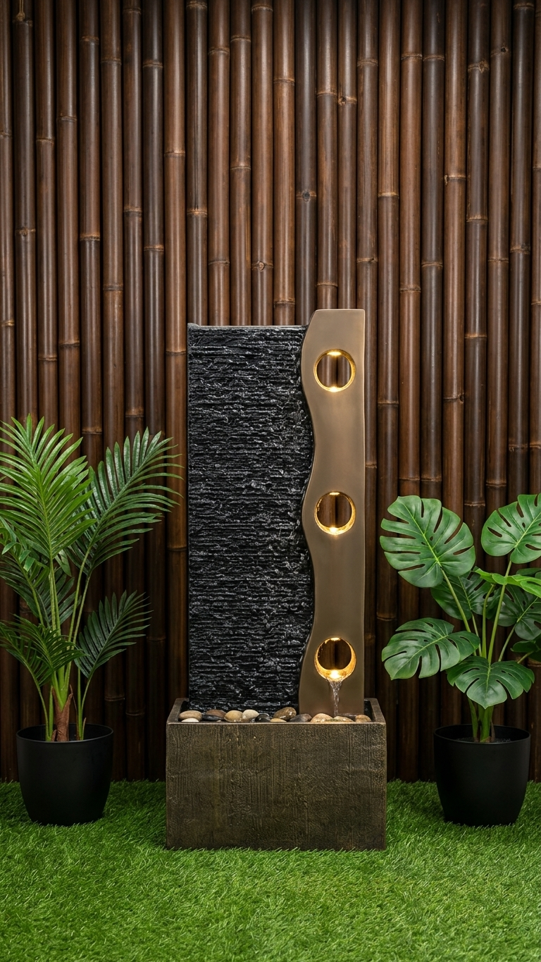 Slate Wall Outdoor Water Fountain with LED Lights and Wood-Look Frame