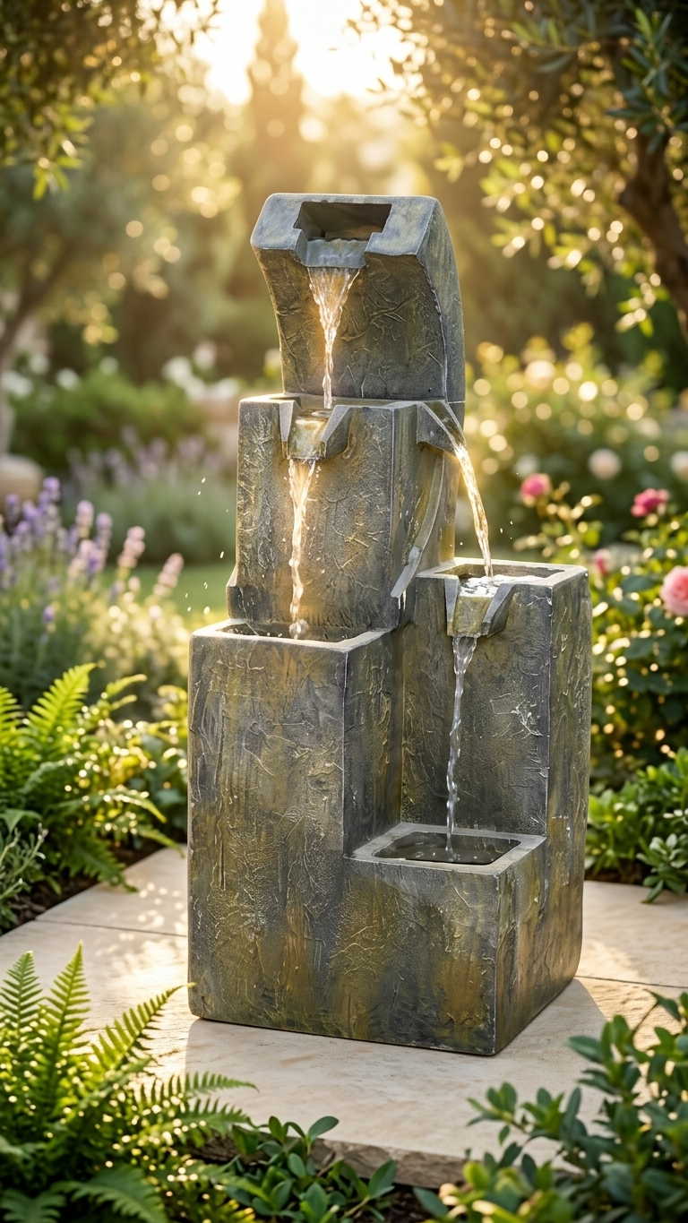 Stepped Block Outdoor Waterfall Fountain with LED Lights