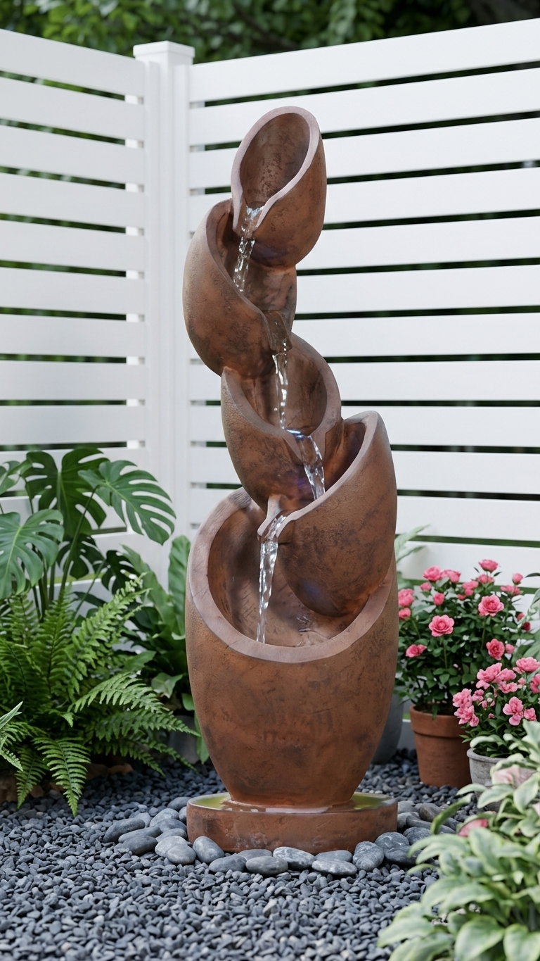 Tiered Tilted Pot Outdoor Waterfall Fountain with LED Lights
