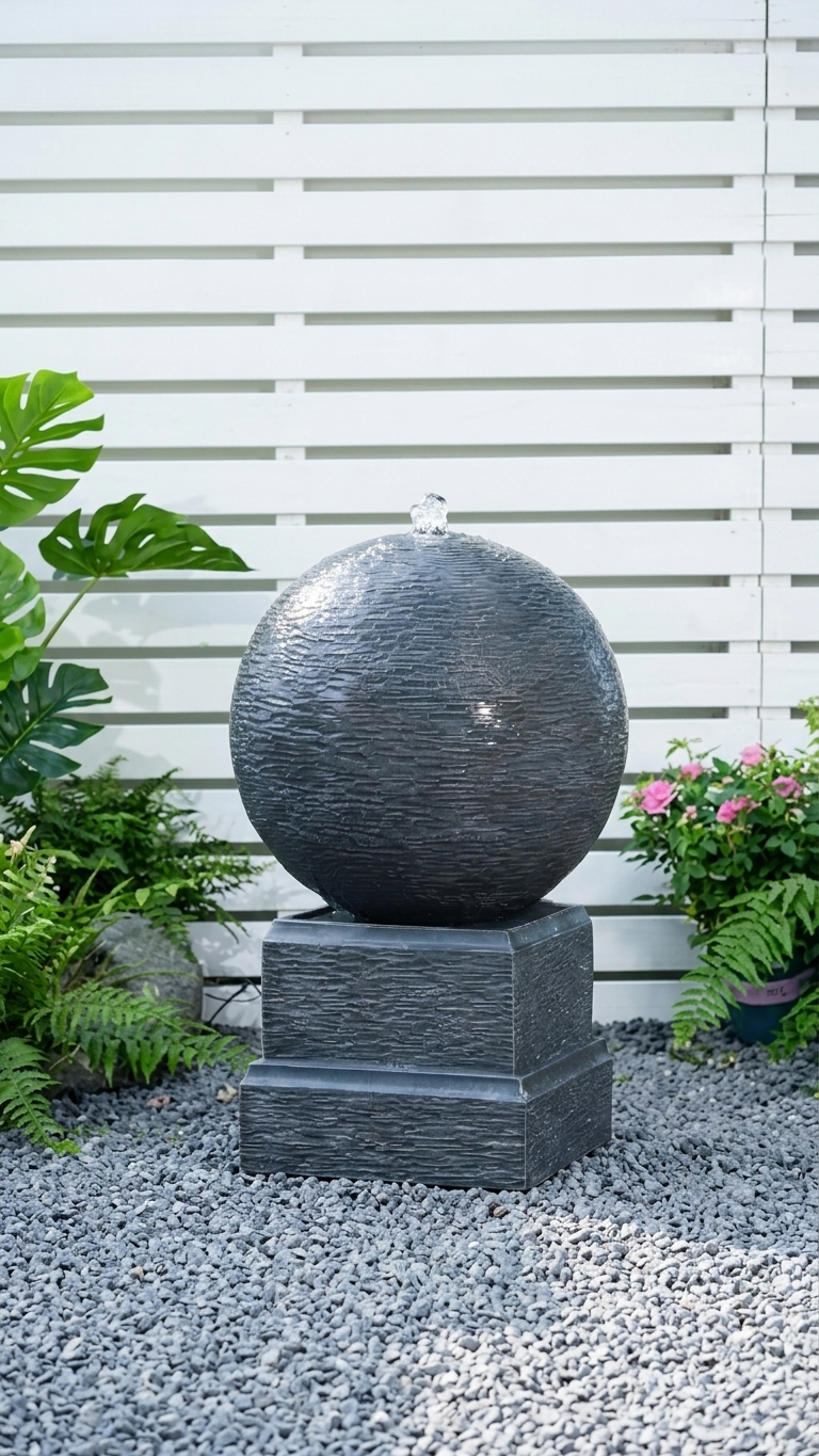 Round Sphere Water Fountain on Pedestal with LED Lights
