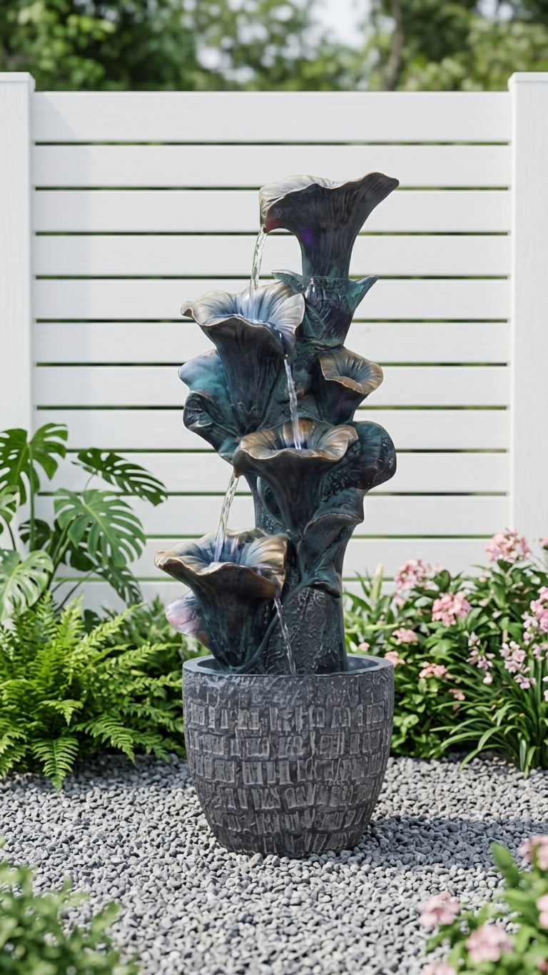 Tiered Flower Outdoor Waterfall Fountain with LED Lights