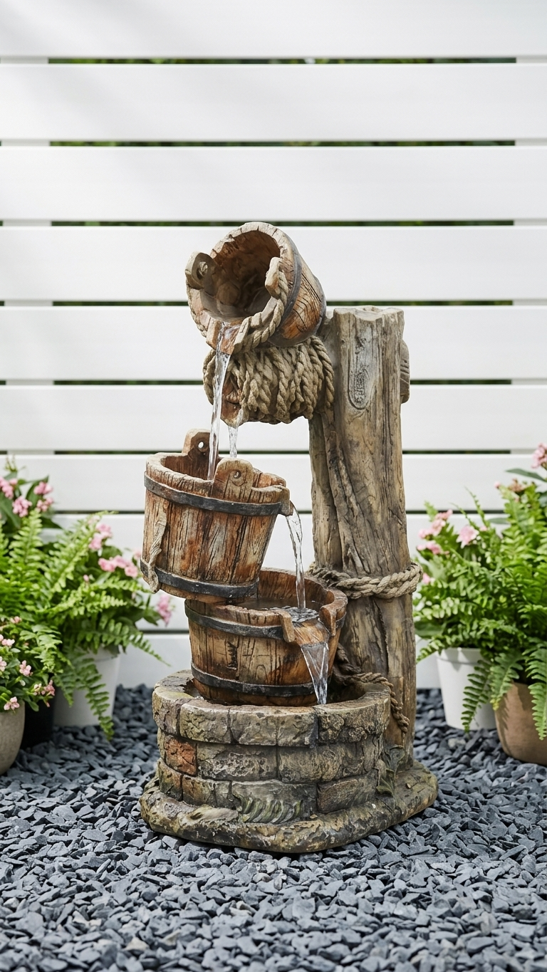 Rustic Wooden Bucket Outdoor Waterfall Fountain with LED Lights