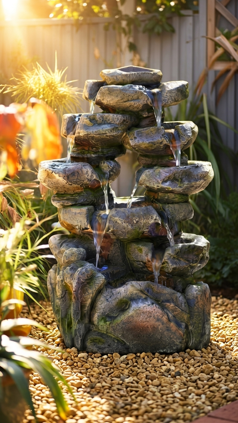 Tiered Rock Waterfall Outdoor Fountain with LED Lights