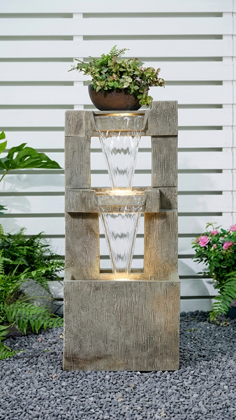 Modern Two-Tier Outdoor Water Fountain with Wood-Look Frame