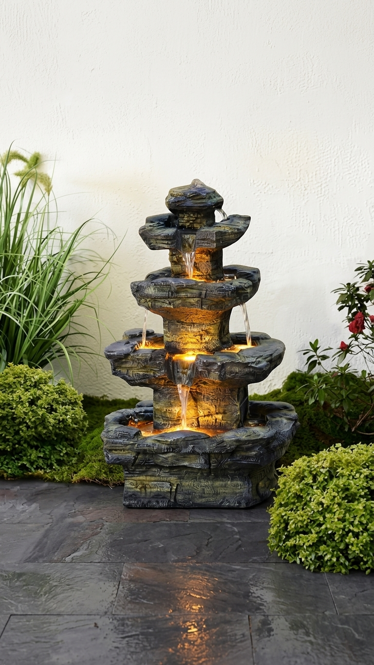 Four-Tier Outdoor Water Fountain with LED Lights
