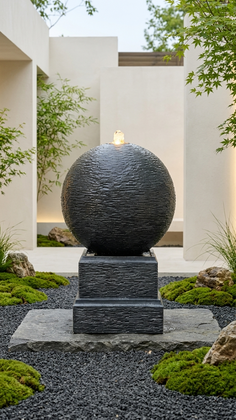 Round Sphere Water Fountain on Pedestal with LED Lights
