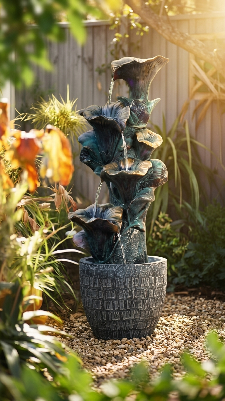 Tiered Flower Outdoor Waterfall Fountain with LED Lights