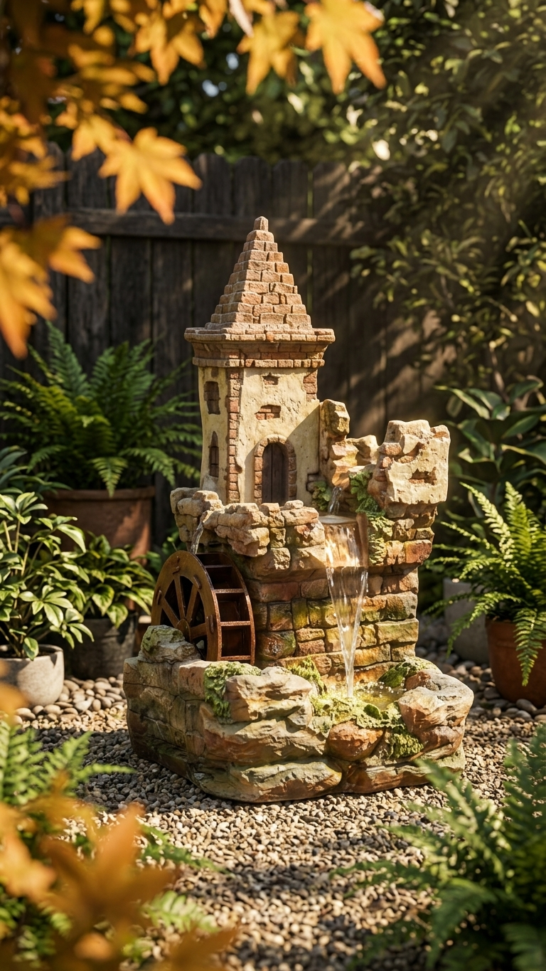 Stone Tower Water Wheel Fountain – Outdoor Waterfall Feature with LED Lightening