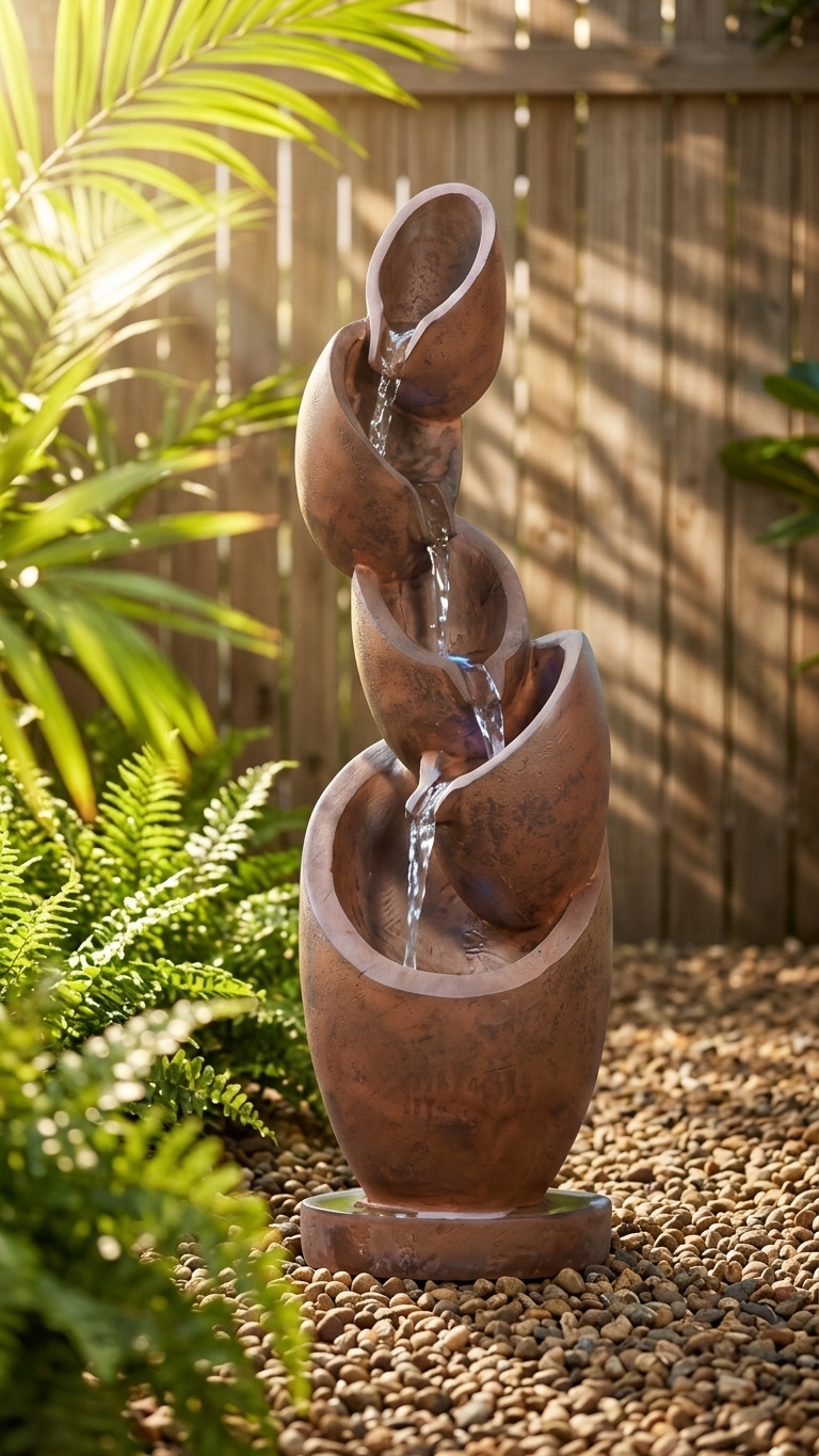 Tiered Tilted Pot Outdoor Waterfall Fountain with LED Lights