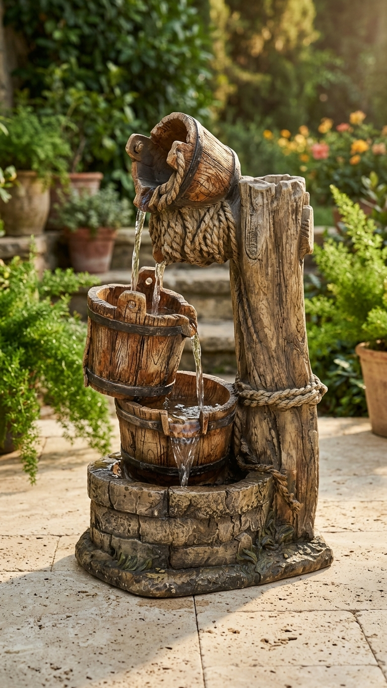 Rustic Wooden Bucket Outdoor Waterfall Fountain with LED Lights