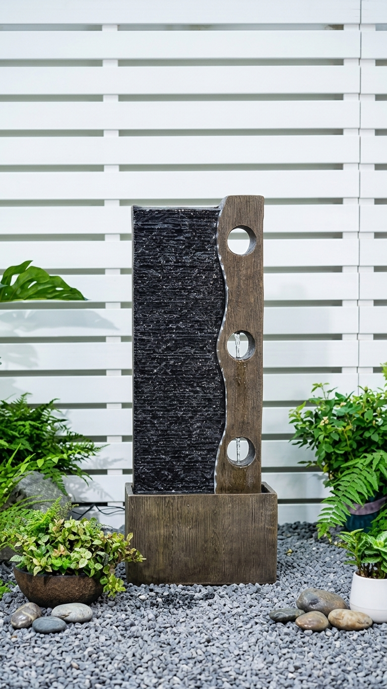 Slate Wall Outdoor Water Fountain with LED Lights and Wood-Look Frame