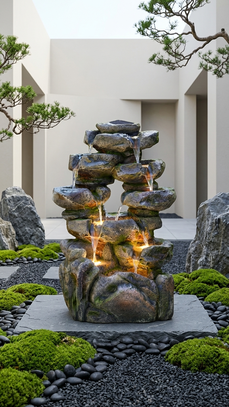 Tiered Rock Waterfall Outdoor Fountain with LED Lights