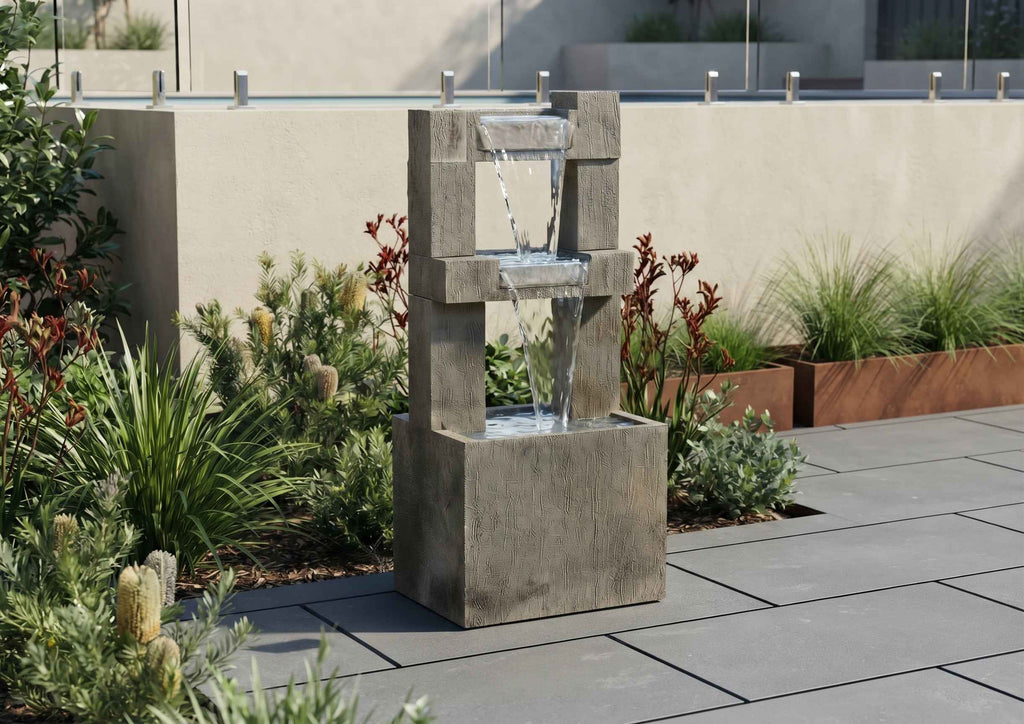 Modern Two-Tier Outdoor Water Fountain with Wood-Look Frame
