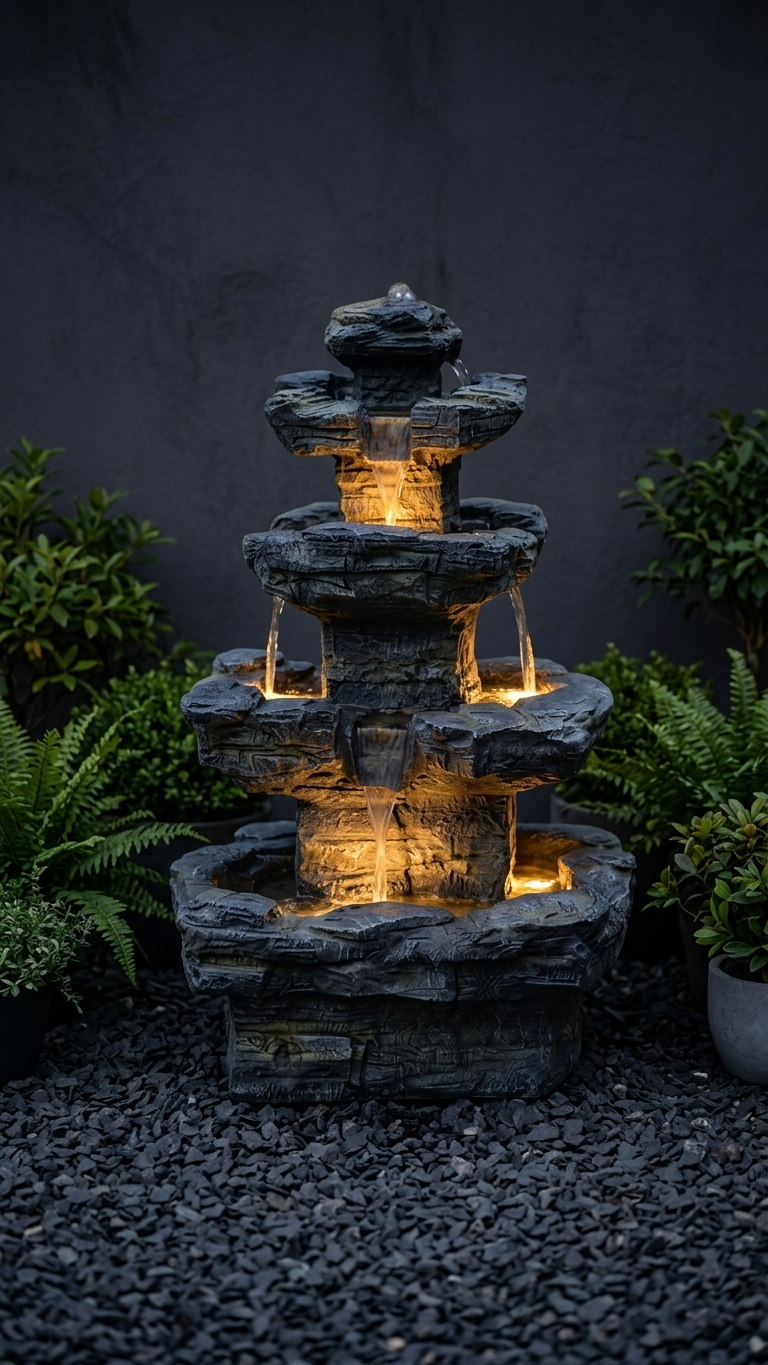 Four-Tier Outdoor Water Fountain with LED Lights