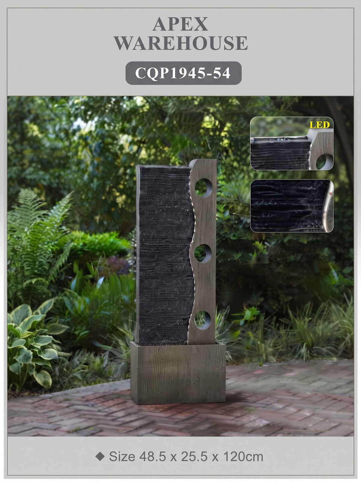 Slate Wall Outdoor Water Fountain with LED Lights and Wood-Look Frame