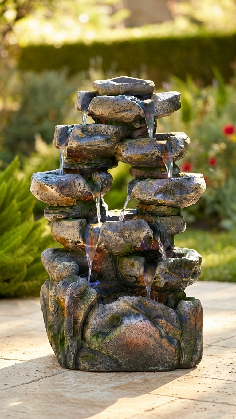 Tiered Rock Waterfall Outdoor Fountain with LED Lights