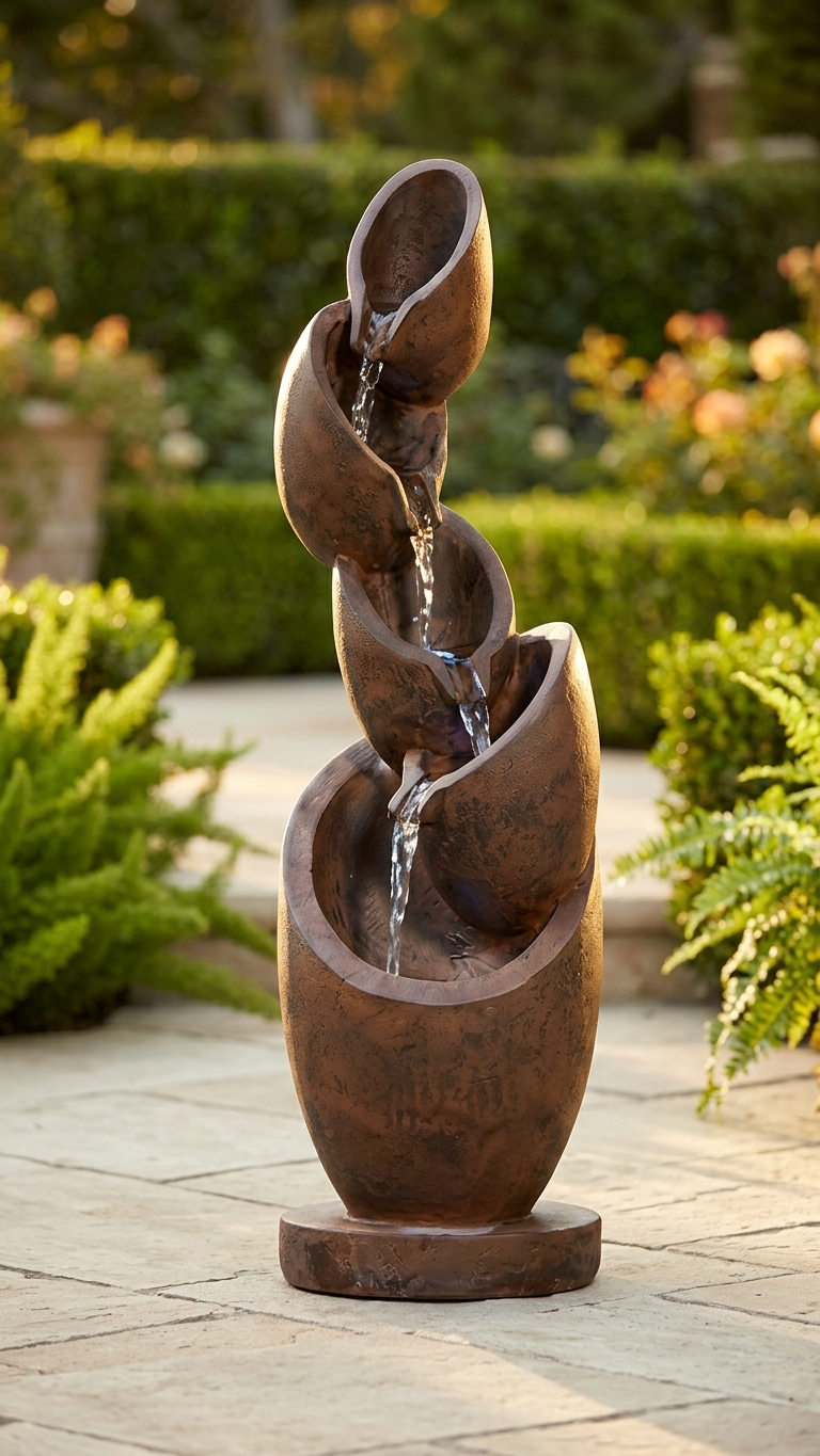 Tiered Tilted Pot Outdoor Waterfall Fountain with LED Lights