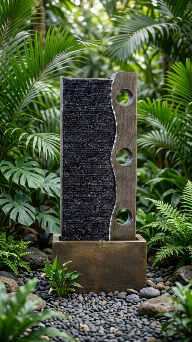 Slate Wall Outdoor Water Fountain with LED Lights and Wood-Look Frame