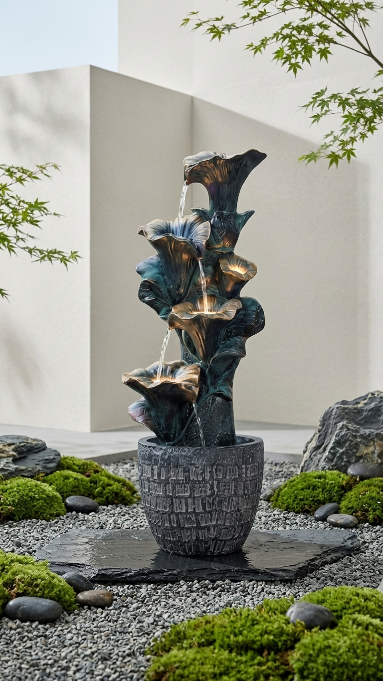 Tiered Flower Outdoor Waterfall Fountain with LED Lights