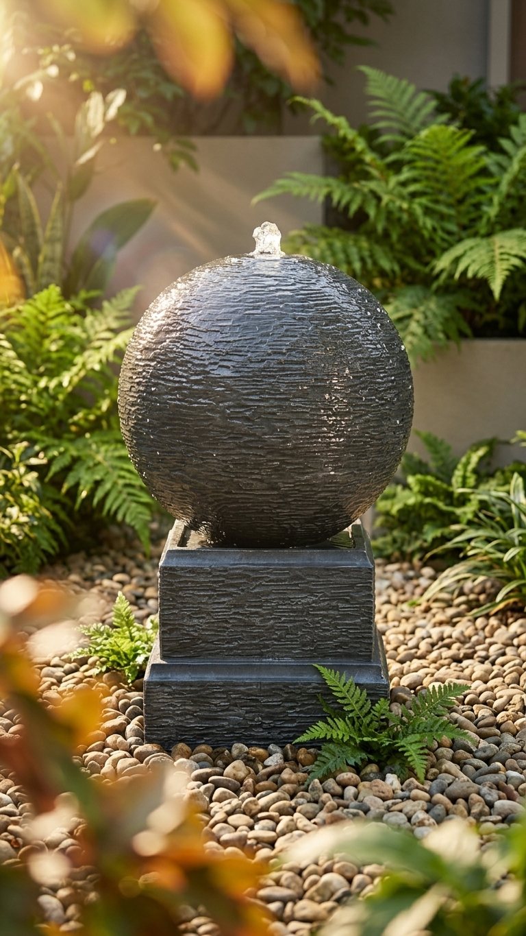 Round Sphere Water Fountain on Pedestal with LED Lights