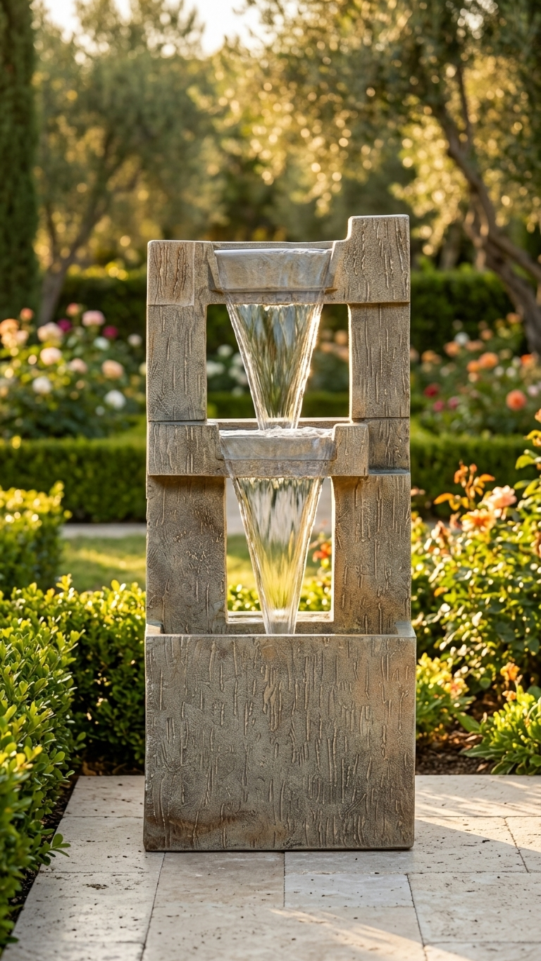 Modern Two-Tier Outdoor Water Fountain with Wood-Look Frame
