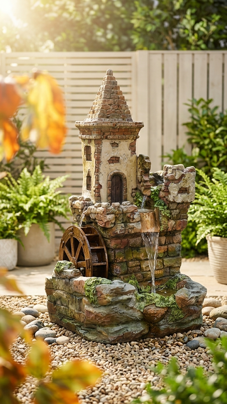 Stone Tower Water Wheel Fountain – Outdoor Waterfall Feature with LED Lightening