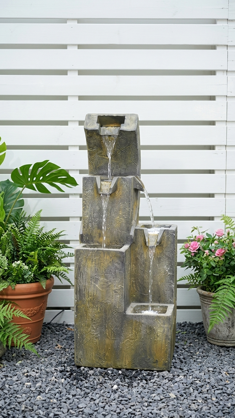 Stepped Block Outdoor Waterfall Fountain with LED Lights