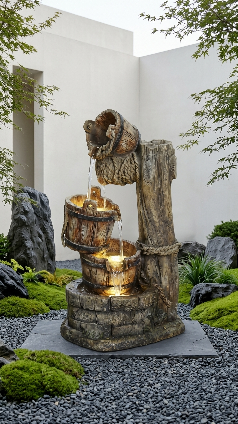 Rustic Wooden Bucket Outdoor Waterfall Fountain with LED Lights