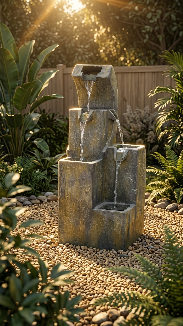 Stepped Block Outdoor Waterfall Fountain with LED Lights