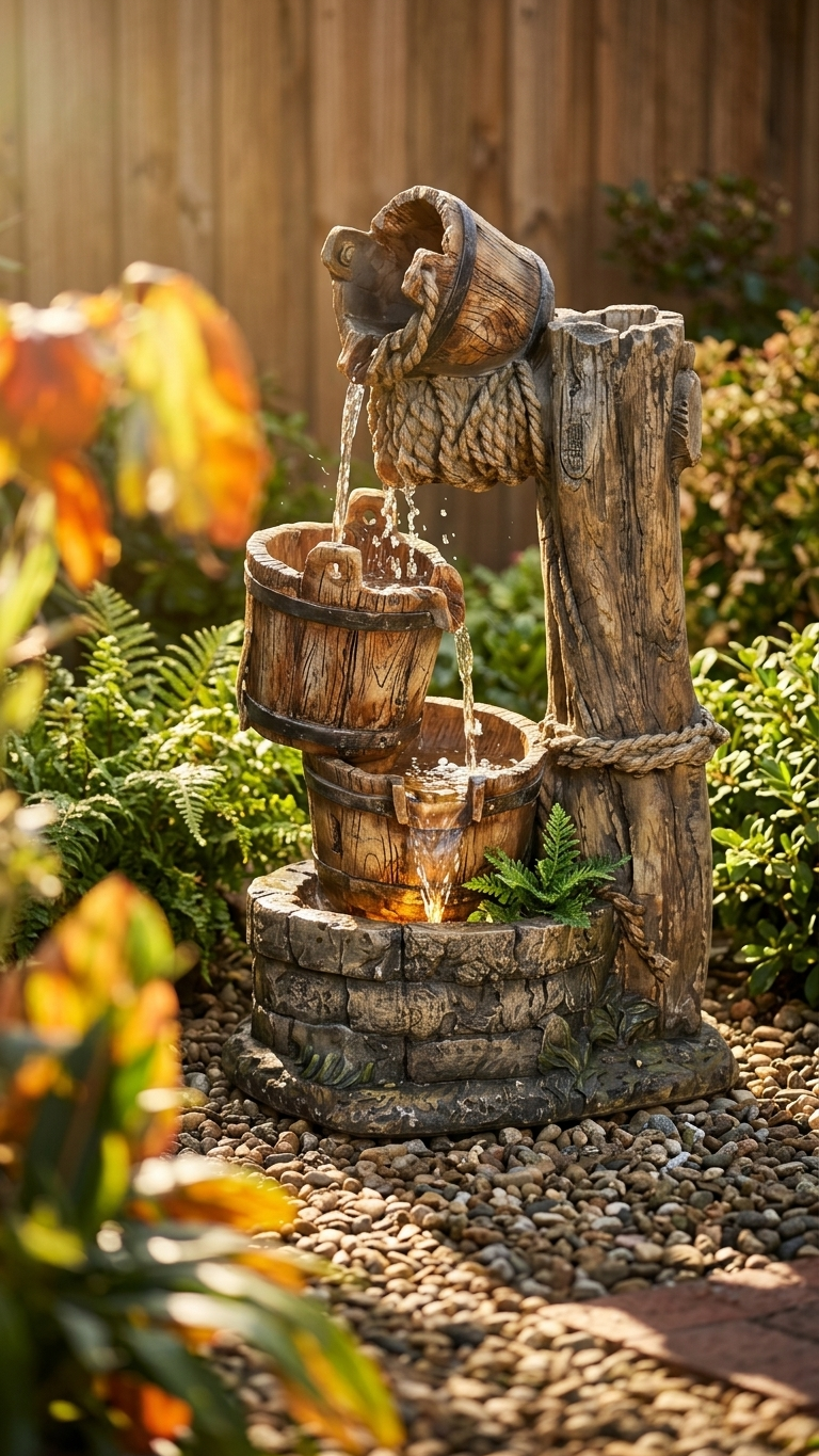 Rustic Wooden Bucket Outdoor Waterfall Fountain with LED Lights