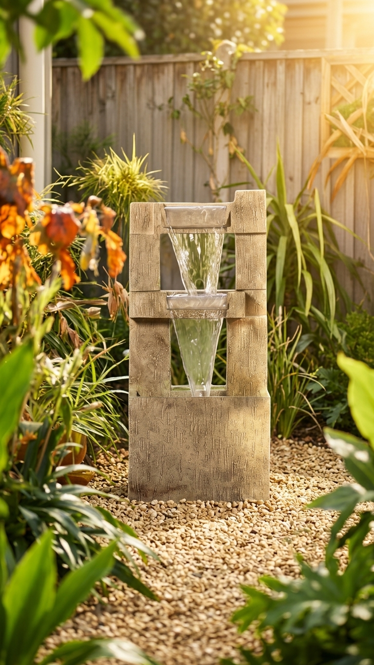 Modern Two-Tier Outdoor Water Fountain with Wood-Look Frame