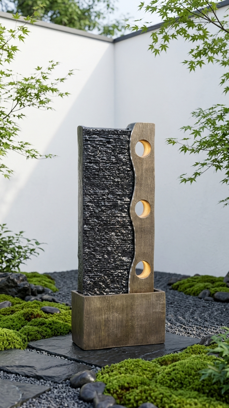 Slate Wall Outdoor Water Fountain with LED Lights and Wood-Look Frame