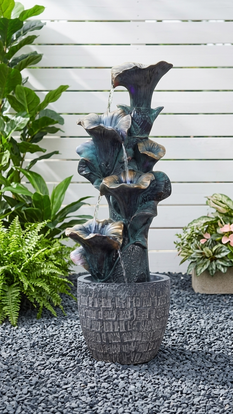 Tiered Flower Outdoor Waterfall Fountain with LED Lights