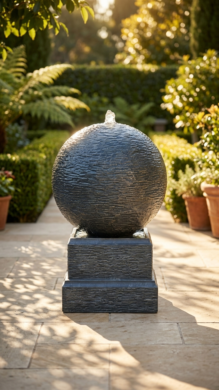 Round Sphere Water Fountain on Pedestal with LED Lights