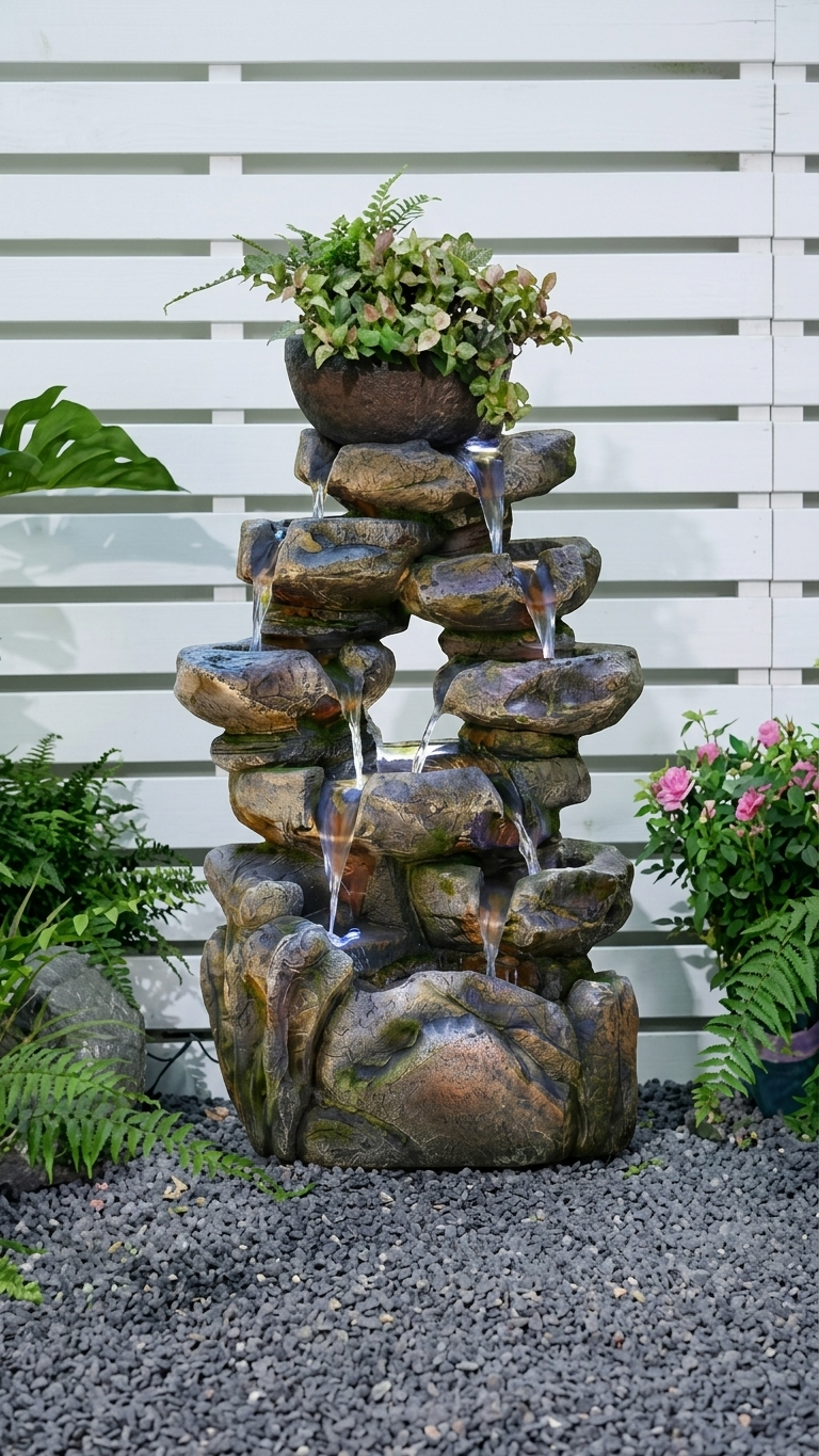 Tiered Rock Waterfall Outdoor Fountain with LED Lights