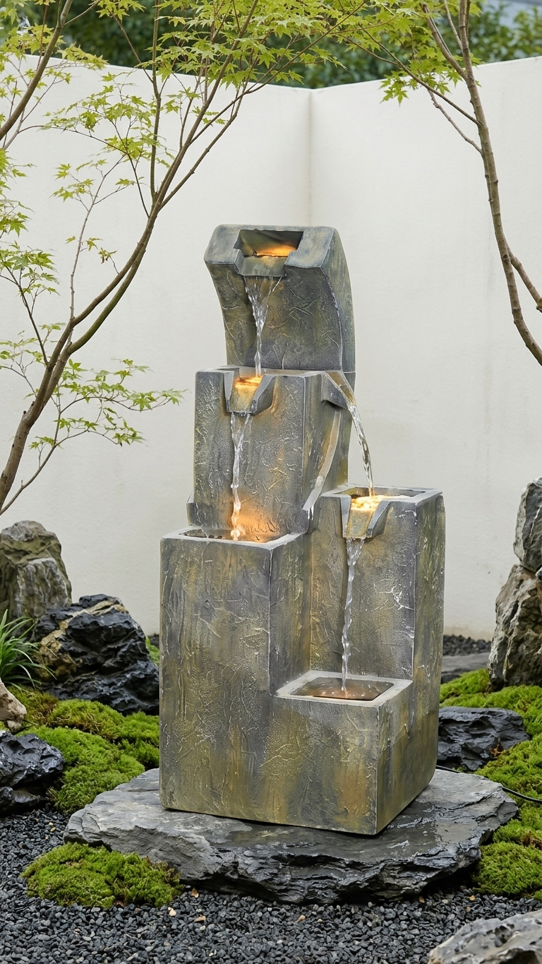 Stepped Block Outdoor Waterfall Fountain with LED Lights
