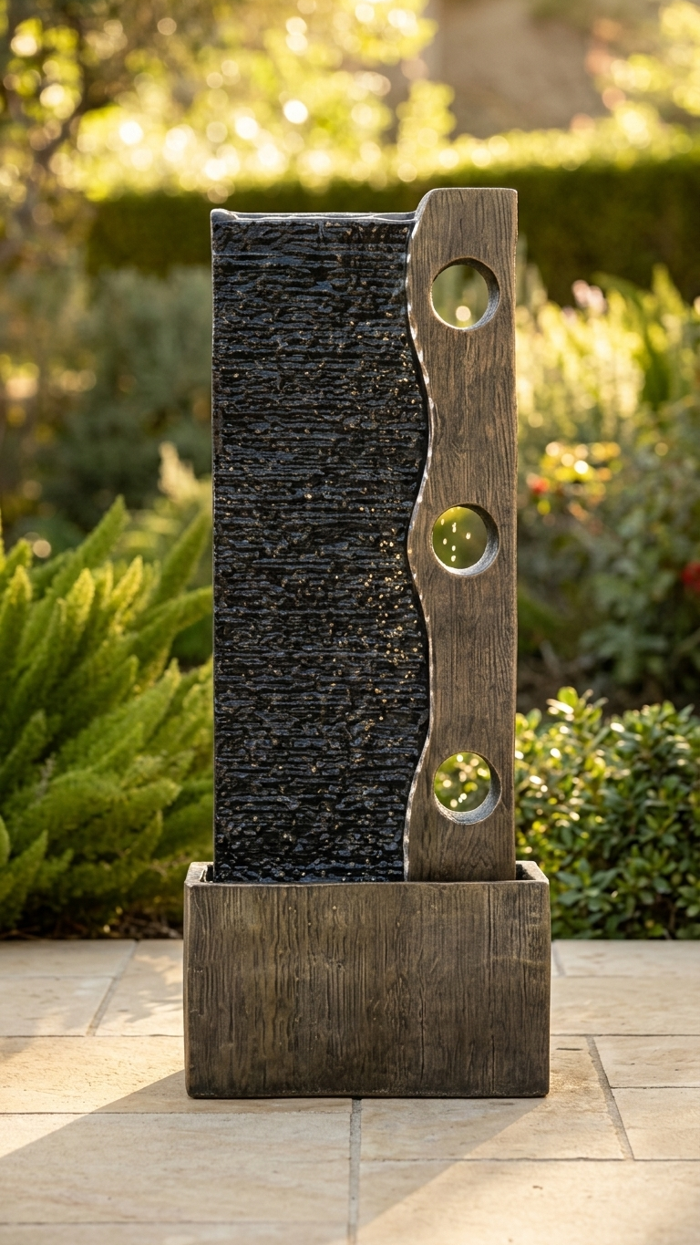 Slate Wall Outdoor Water Fountain with LED Lights and Wood-Look Frame