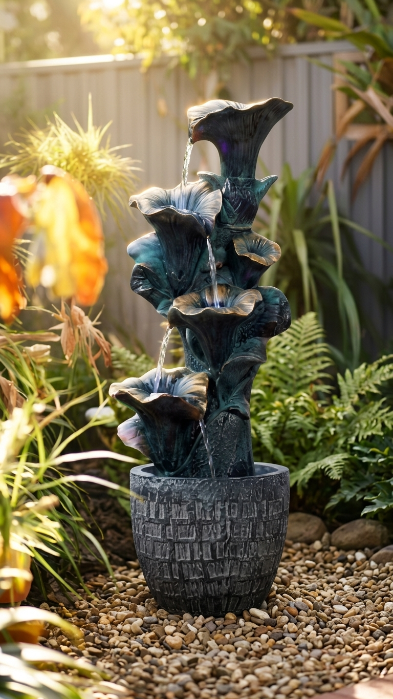 Tiered Flower Outdoor Waterfall Fountain with LED Lights