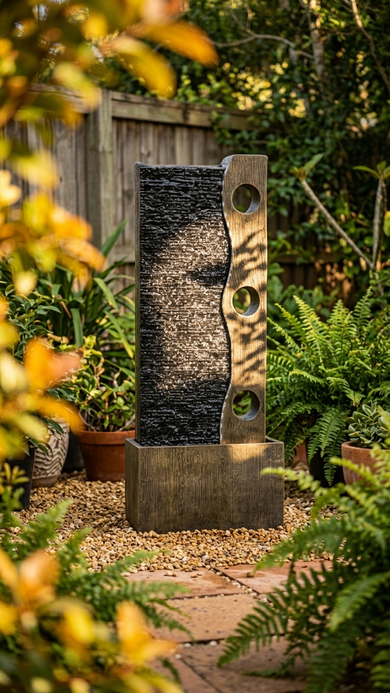 Slate Wall Outdoor Water Fountain with LED Lights and Wood-Look Frame