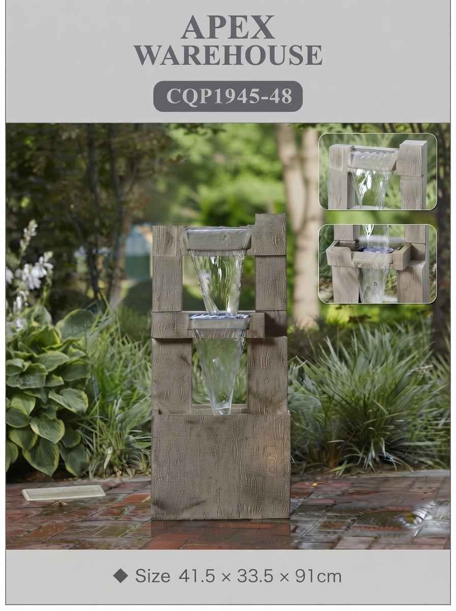 Modern Two-Tier Outdoor Water Fountain with Wood-Look Frame