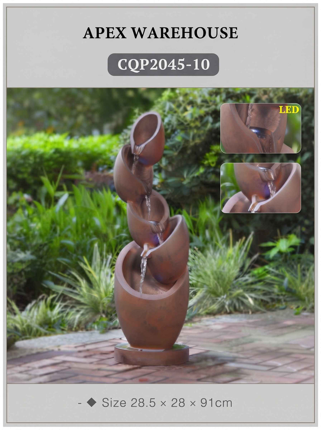 Tiered Tilted Pot Outdoor Waterfall Fountain with LED Lights