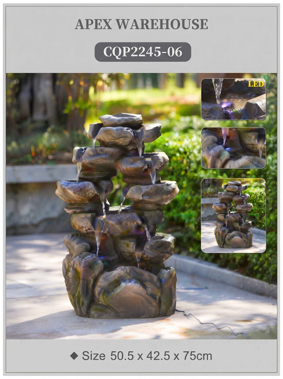 Tiered Rock Waterfall Outdoor Fountain with LED Lights