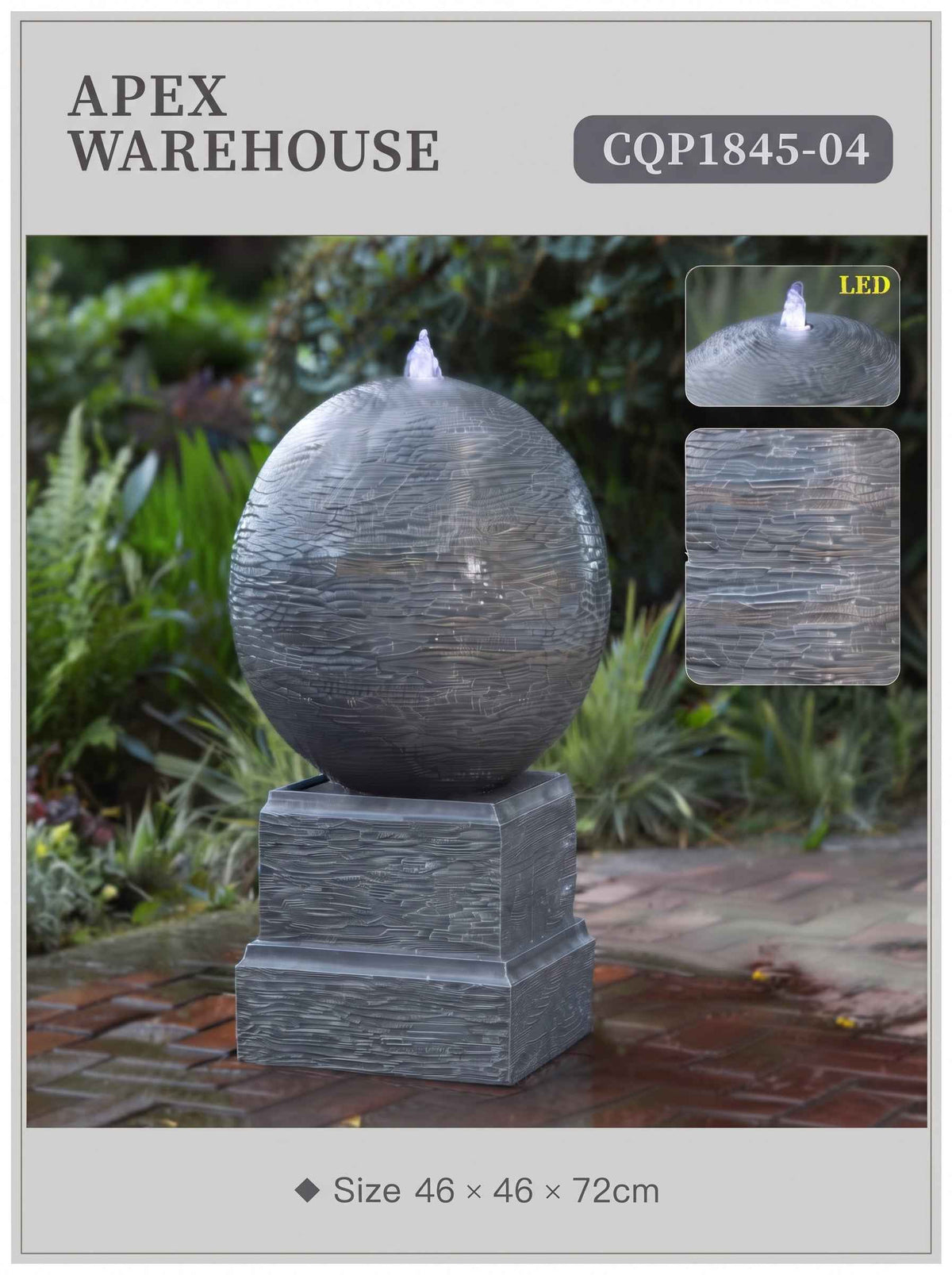 Round Sphere Water Fountain on Pedestal with LED Lights