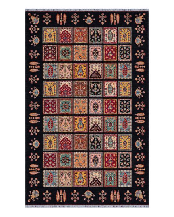 Handmade All-Over Floral Rug | Golden Amber Field with Navy Border | Wool Rug