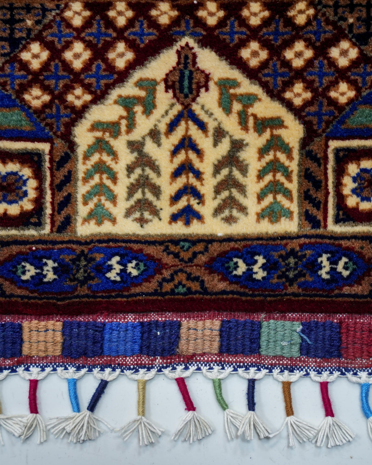 Handmade Garden Panel Rug | Burgundy Field with Tree-of-Life Compartments | Wool Rug