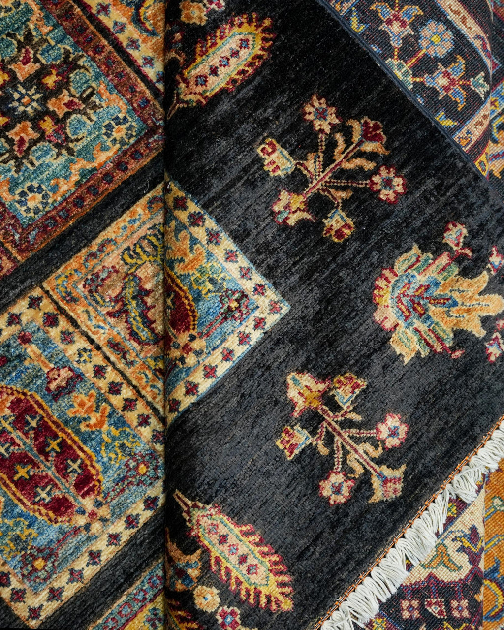 Handmade All-Over Floral Rug | Golden Amber Field with Navy Border | Wool Rug