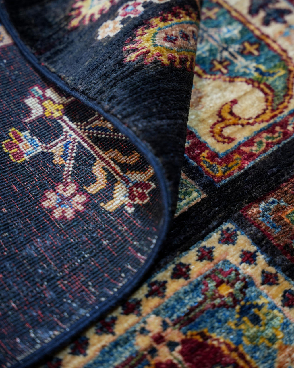 Handmade All-Over Floral Rug | Golden Amber Field with Navy Border | Wool Rug