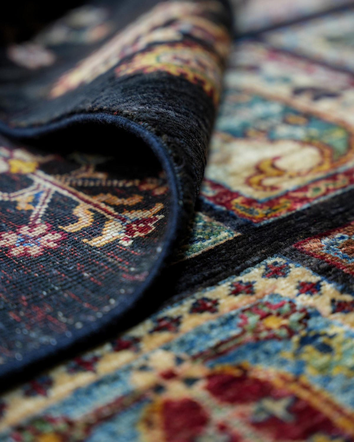 Handmade All-Over Floral Rug | Golden Amber Field with Navy Border | Wool Rug